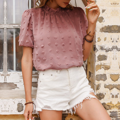 Swiss Dot Blouse with Ruffled Mock Neck and Puff Sleeves