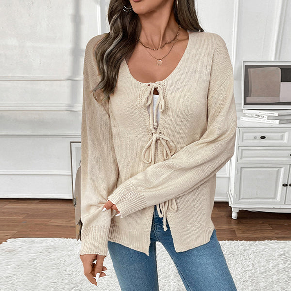 Loose Knit Cardigan with Tie-Up Front and Round Neck