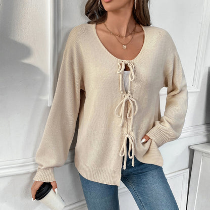 Loose Knit Cardigan with Tie-Up Front and Round Neck