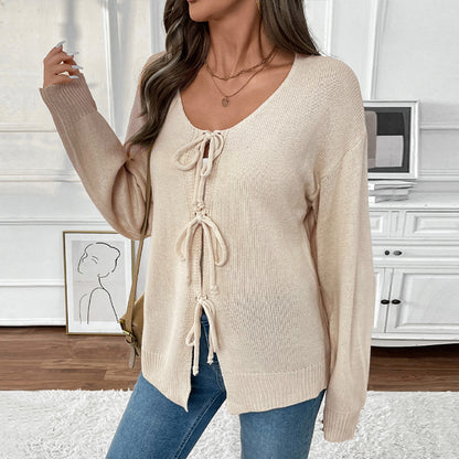 Loose Knit Cardigan with Tie-Up Front and Round Neck