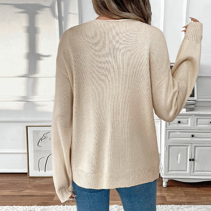 Loose Knit Cardigan with Tie-Up Front and Round Neck
