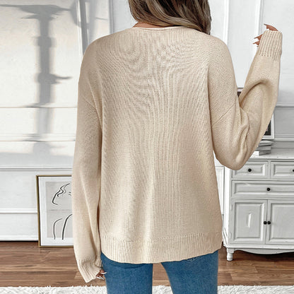 Loose Knit Cardigan with Tie-Up Front and Round Neck