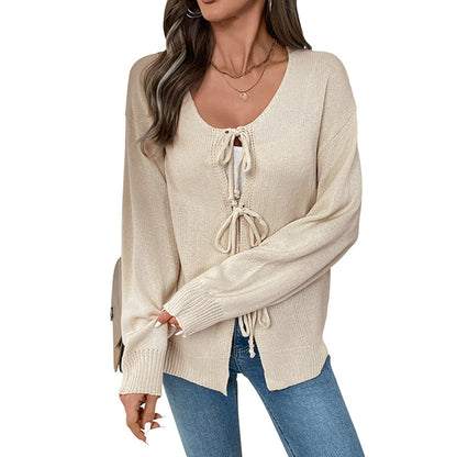Loose Knit Cardigan with Tie-Up Front and Round Neck
