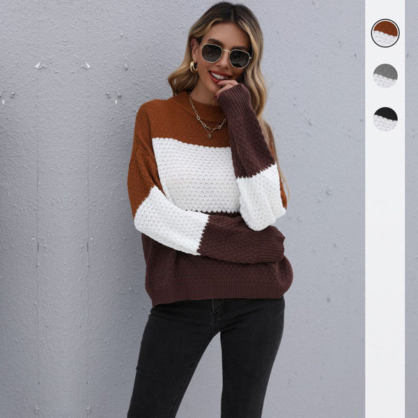 Loose Fit Color Block Knitted Pullover with Crewneck