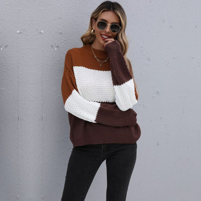 Loose Fit Color Block Knitted Pullover with Crewneck