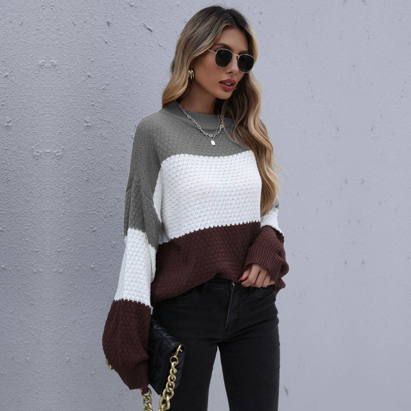 Loose Fit Color Block Knitted Pullover with Crewneck