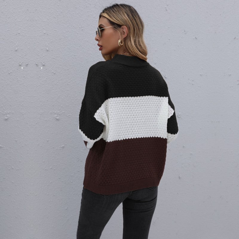 Loose Fit Color Block Knitted Pullover with Crewneck
