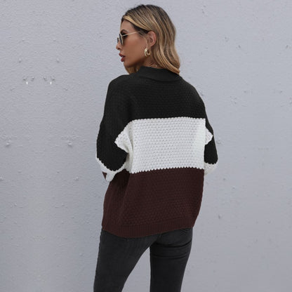 Loose Fit Color Block Knitted Pullover with Crewneck