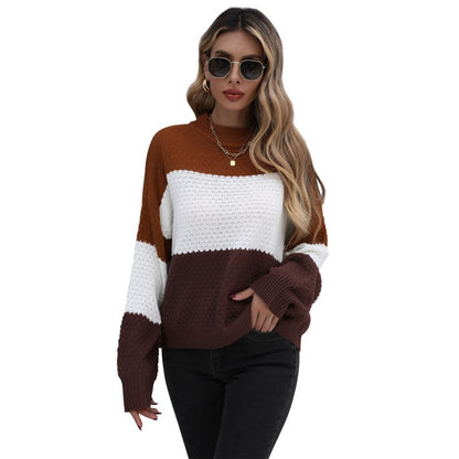 Loose Fit Color Block Knitted Pullover with Crewneck