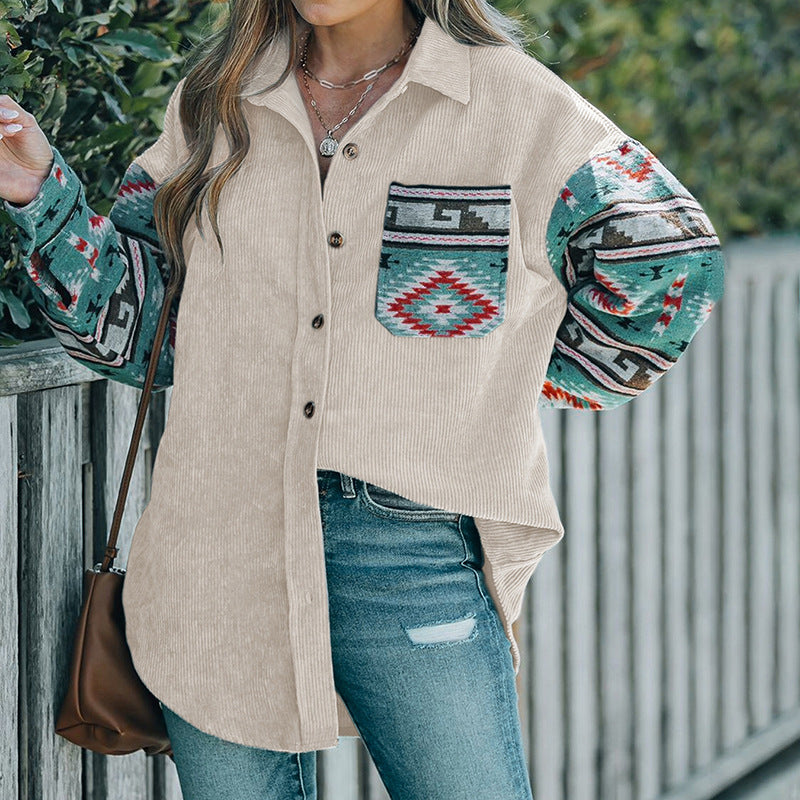 Oversized Corduroy Shacket with Ethnic Print Sleeves