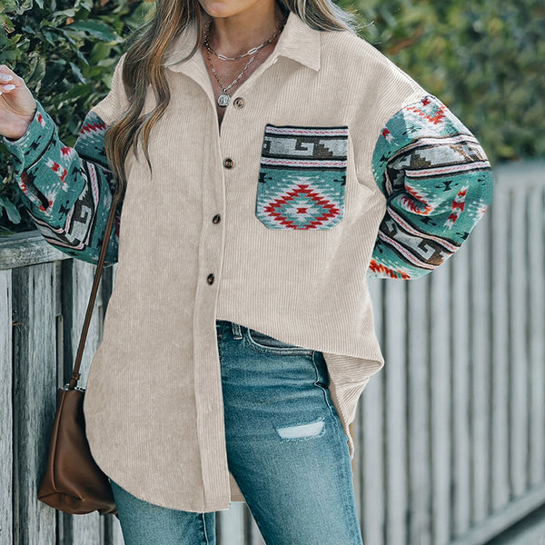 Oversized Corduroy Shacket with Ethnic Print Sleeves