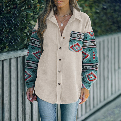 Oversized Corduroy Shacket with Ethnic Print Sleeves