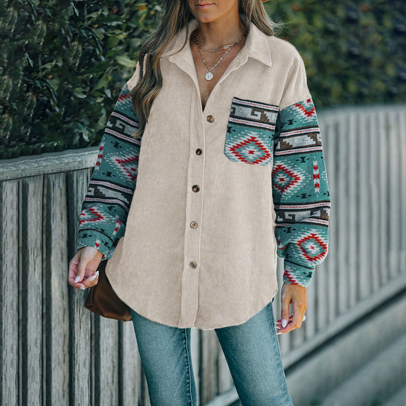 Oversized Corduroy Shacket with Ethnic Print Sleeves
