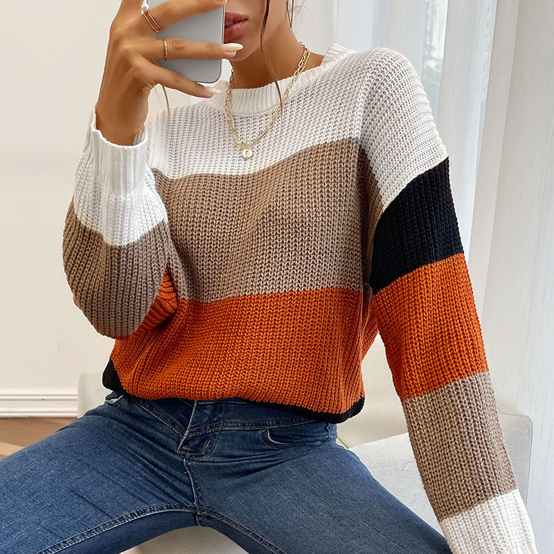 Color-Blocked Crewneck Sweater with Long Sleeves