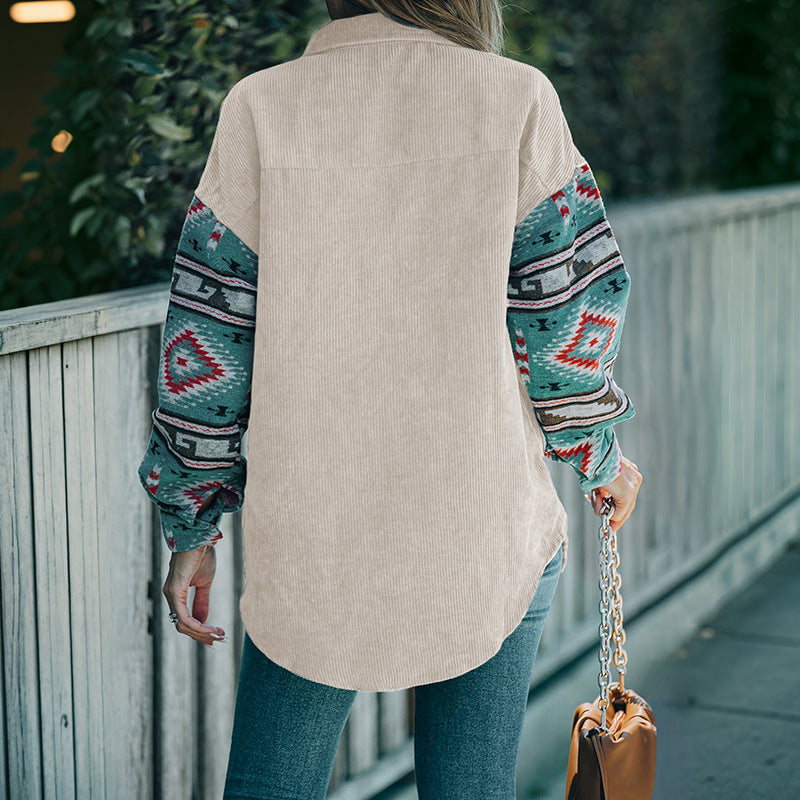 Oversized Corduroy Shacket with Ethnic Print Sleeves