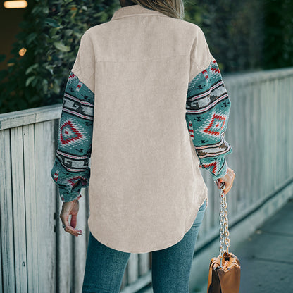 Oversized Corduroy Shacket with Ethnic Print Sleeves