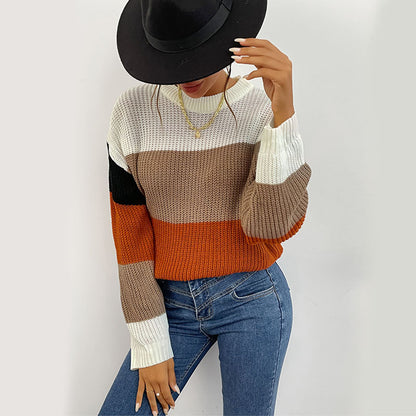 Color-Blocked Crewneck Sweater with Long Sleeves