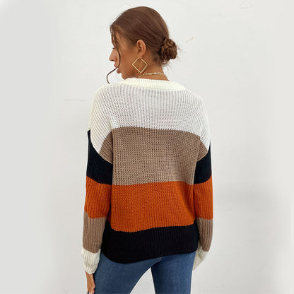 Color-Blocked Crewneck Sweater with Long Sleeves