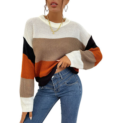 Color-Blocked Crewneck Sweater with Long Sleeves