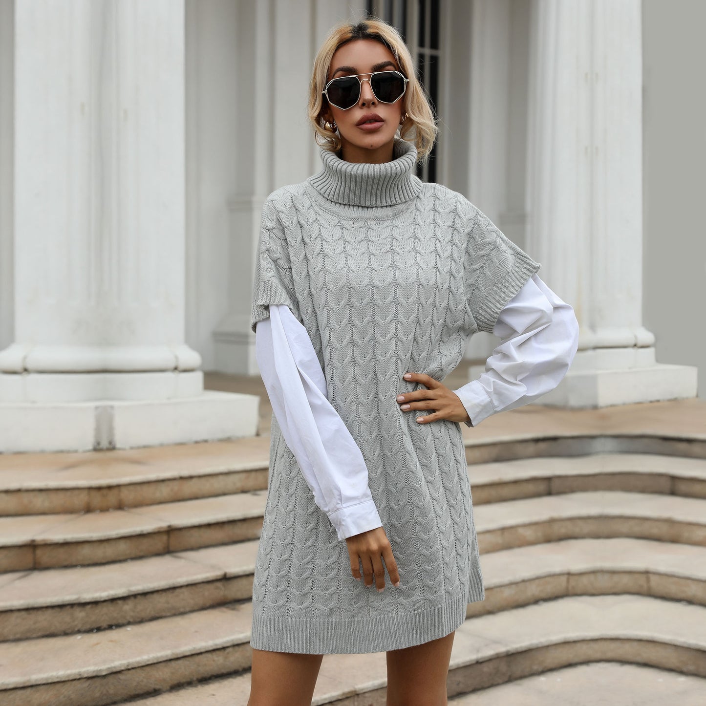 Cable Knit Turtleneck Sweater Vest Dress