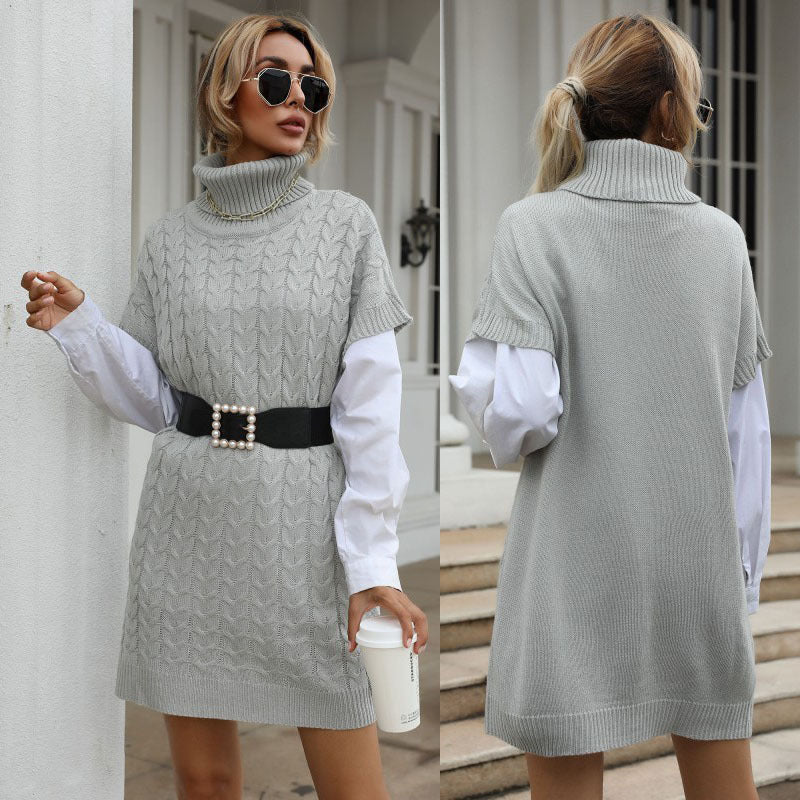 Cable Knit Turtleneck Sweater Vest Dress