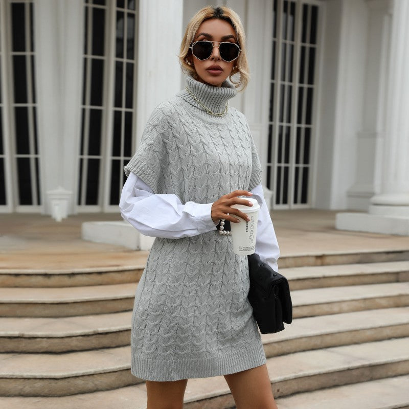 Cable Knit Turtleneck Sweater Vest Dress