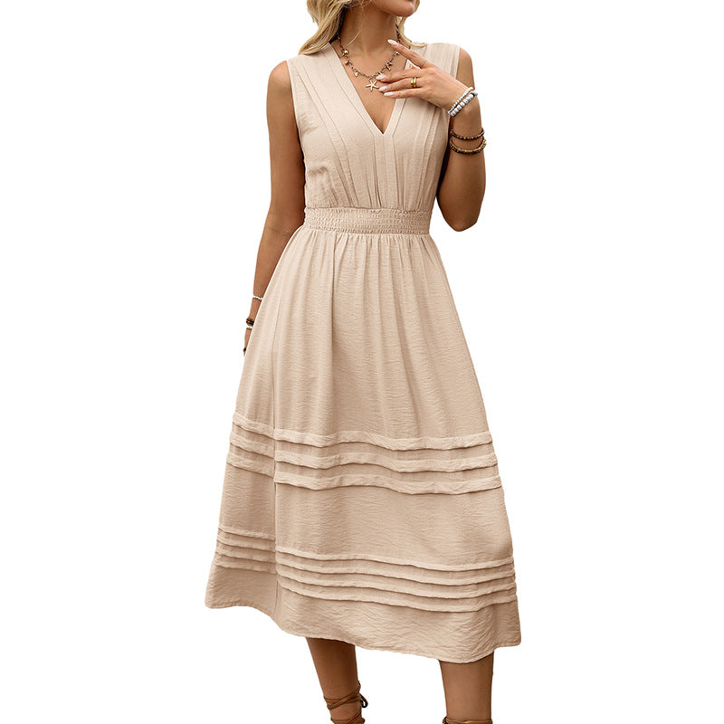 Sleeveless Solid Midi Dress with V-Neck and Tiered Skirt