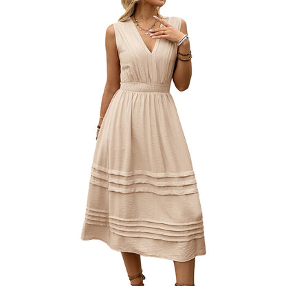 Sleeveless Solid Midi Dress with V-Neck and Tiered Skirt