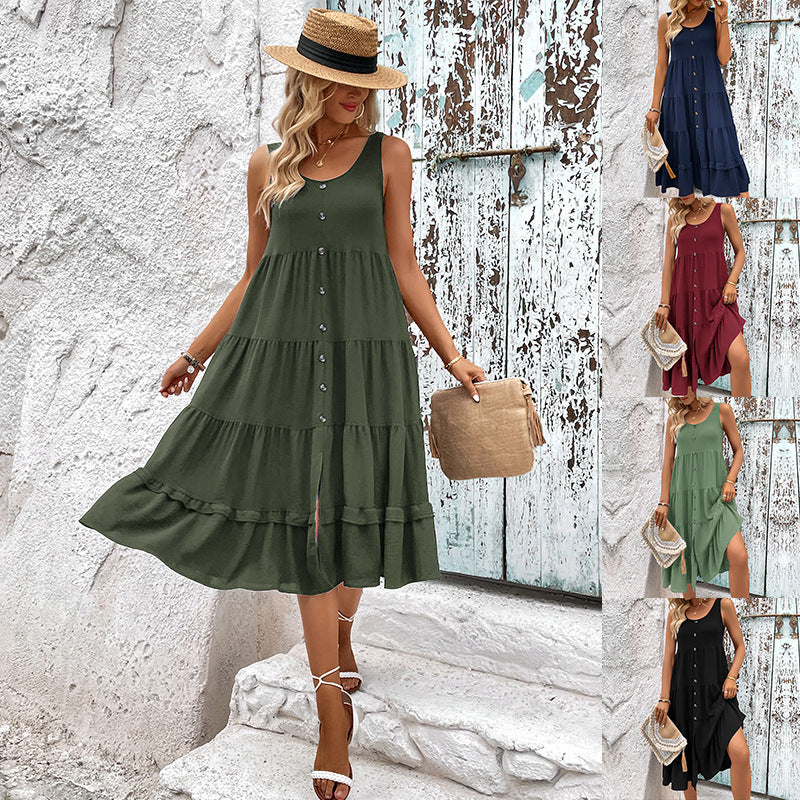 Solid Tiered Midi Dress with Button Front and Slit