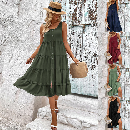 Solid Tiered Midi Dress with Button Front and Slit