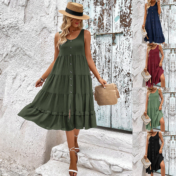 Solid Tiered Midi Dress with Button Front and Slit
