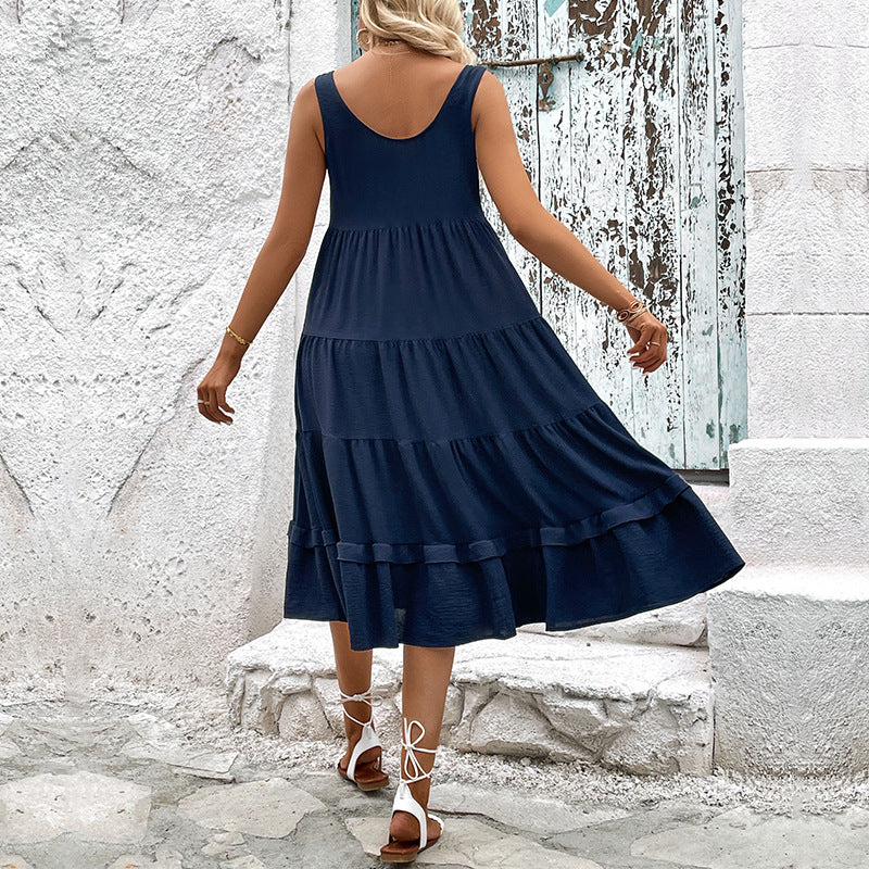 Solid Tiered Midi Dress with Button Front and Slit