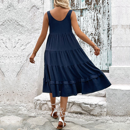 Solid Tiered Midi Dress with Button Front and Slit