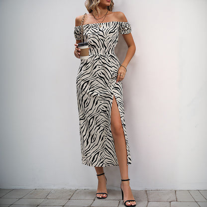 Zebra Print Off-Shoulder Midi Dress with Puff Sleeves and Slit