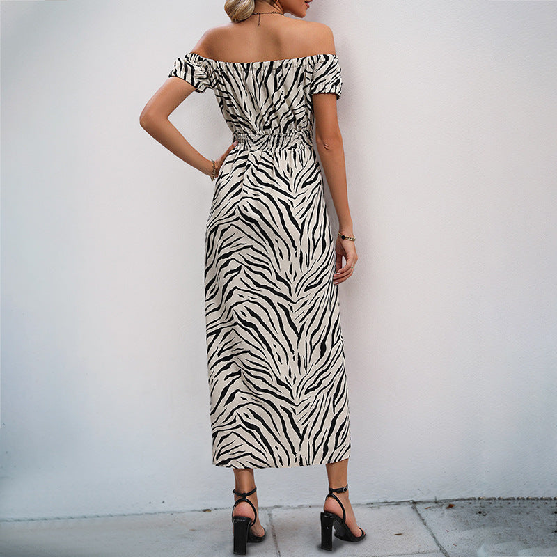 Zebra Print Off-Shoulder Midi Dress with Puff Sleeves and Slit