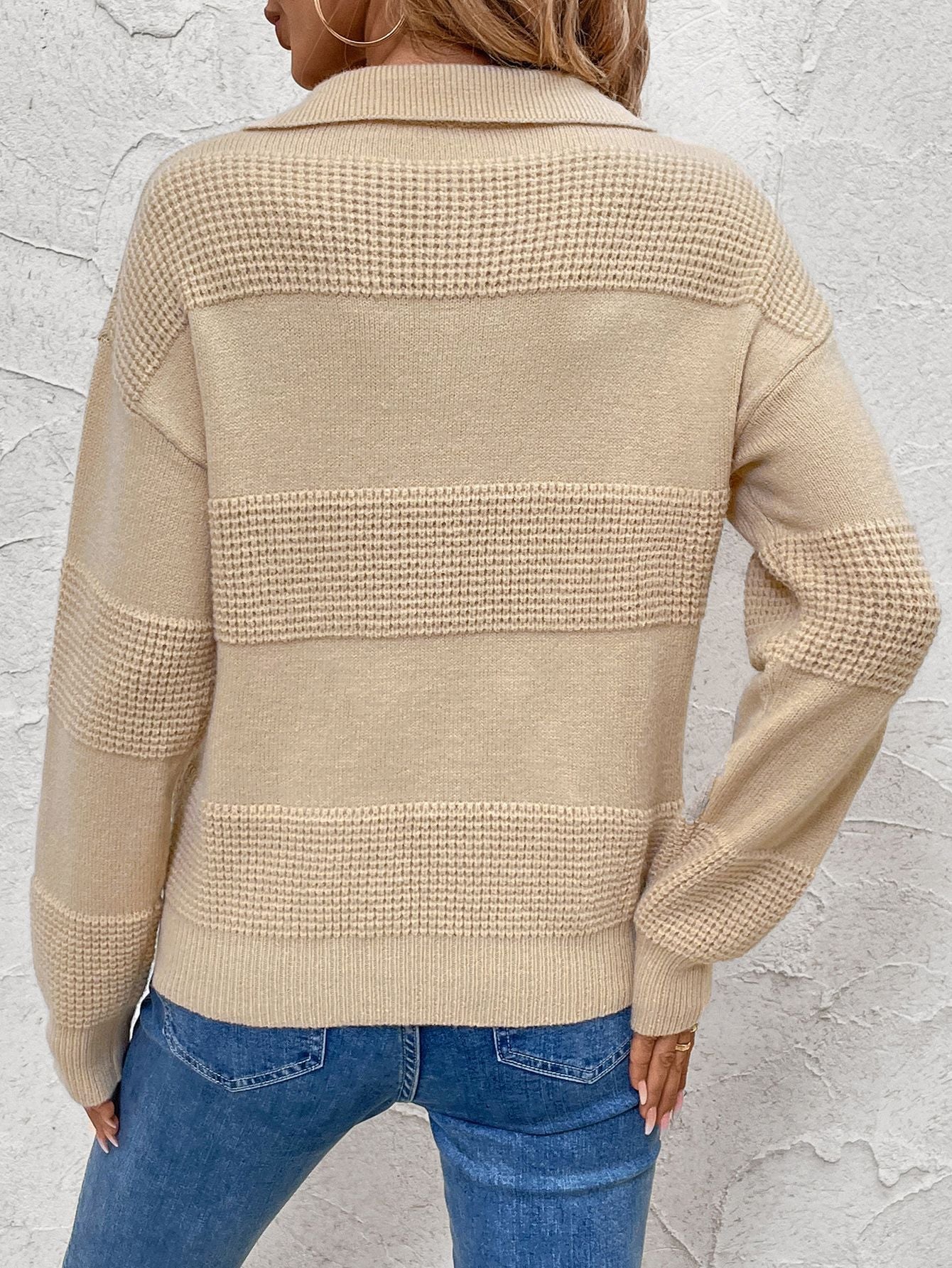Striped Textured Knit Sweater with Polo Collar