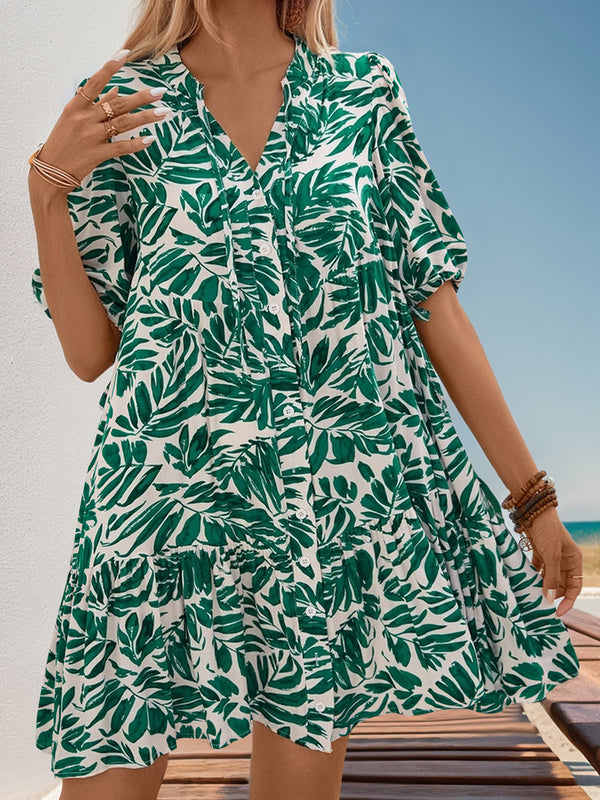 Tropical Leaf Print Dress with V-Neck and Puff Sleeves