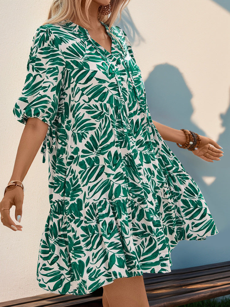 Tropical Leaf Print Dress with V-Neck and Puff Sleeves