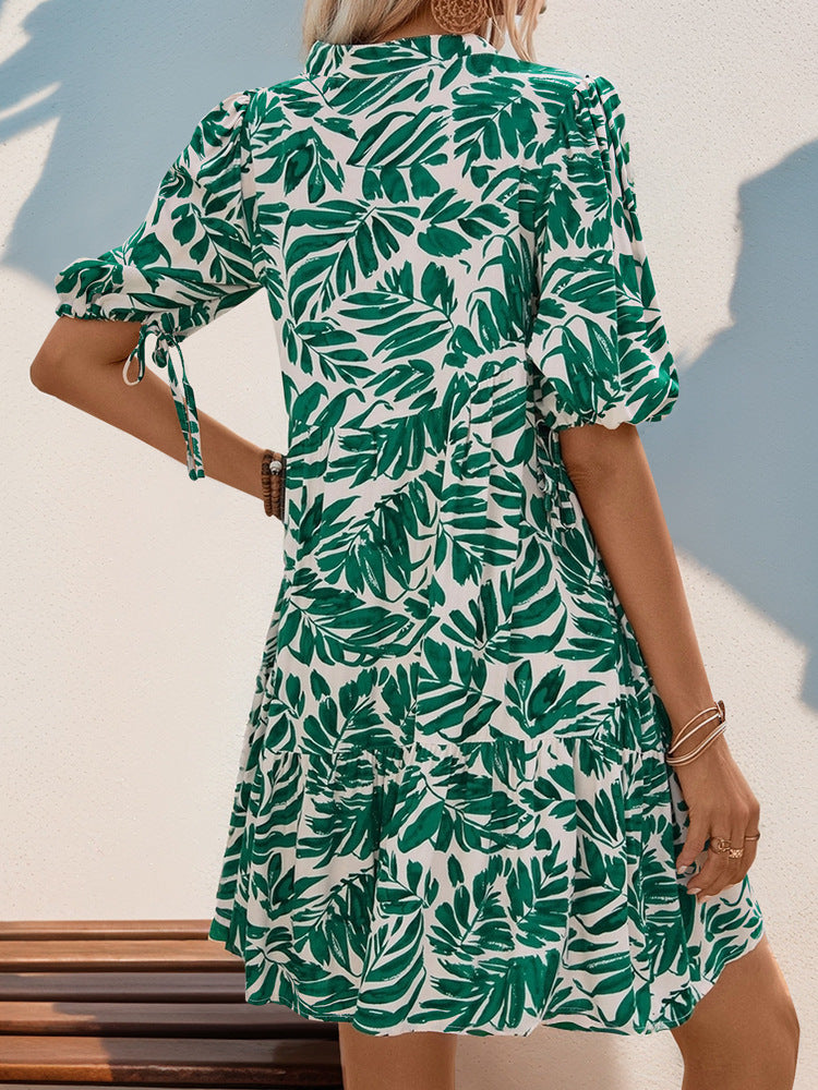 Tropical Leaf Print Dress with V-Neck and Puff Sleeves