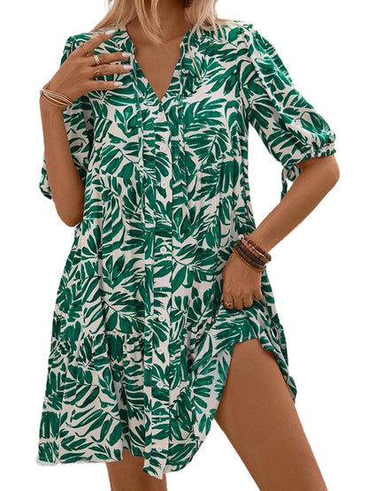 Tropical Leaf Print Dress with V-Neck and Puff Sleeves