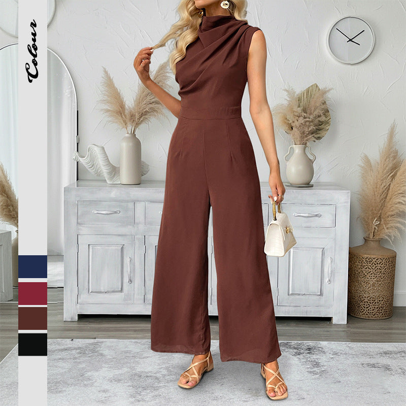 Solid Jumpsuit with Draped Neck and Straight Legs