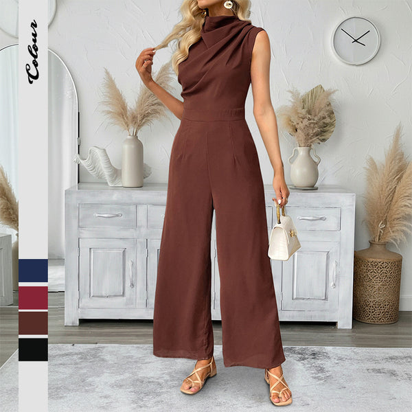 Solid Jumpsuit with Draped Neck and Straight Legs