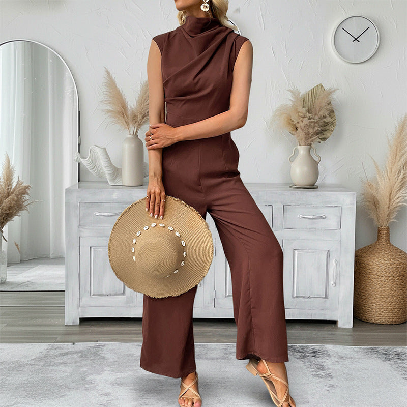 Solid Jumpsuit with Draped Neck and Straight Legs