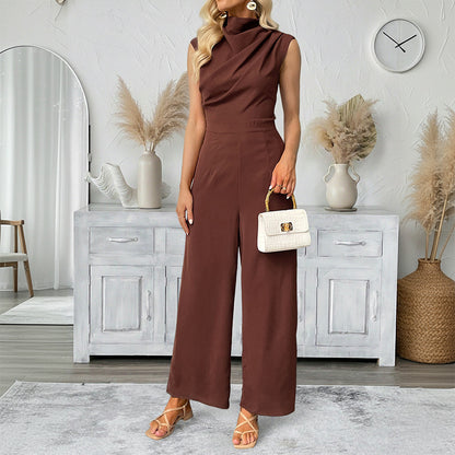 Solid Jumpsuit with Draped Neck and Straight Legs