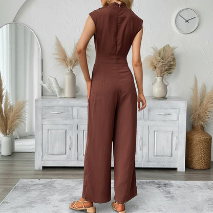Solid Jumpsuit with Draped Neck and Straight Legs