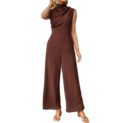 Solid Jumpsuit with Draped Neck and Straight Legs