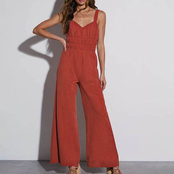 Spaghetti Strap Jumpsuit with Shirred Bodice and Wide Legs