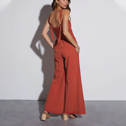 Spaghetti Strap Jumpsuit with Shirred Bodice and Wide Legs