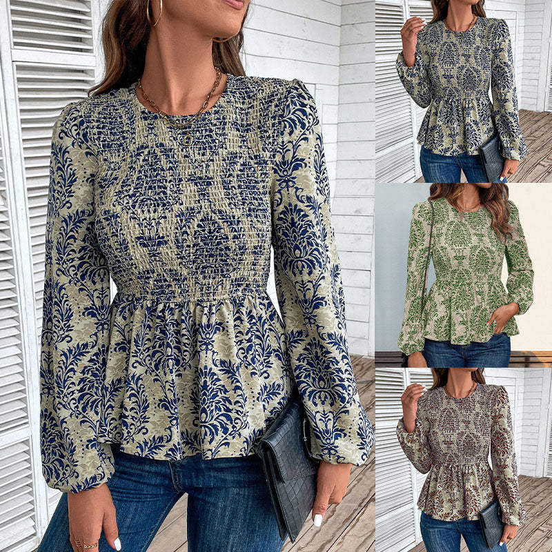 Long-Sleeve Damask Print Blouse with Smocked Peplum