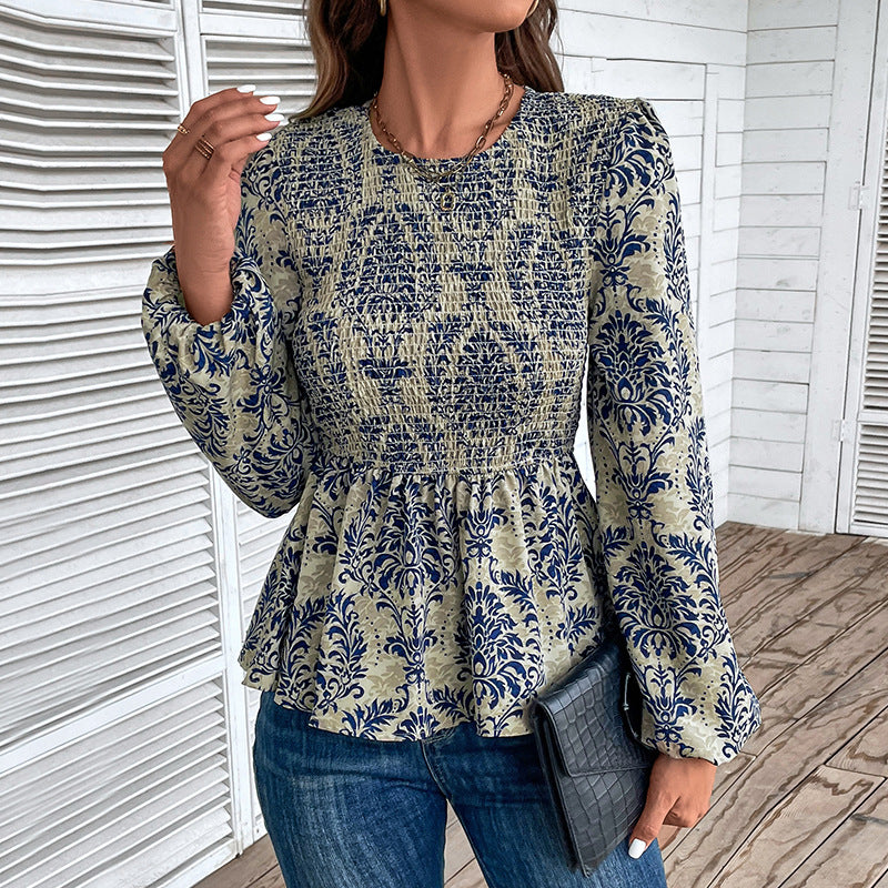 Long-Sleeve Damask Print Blouse with Smocked Peplum
